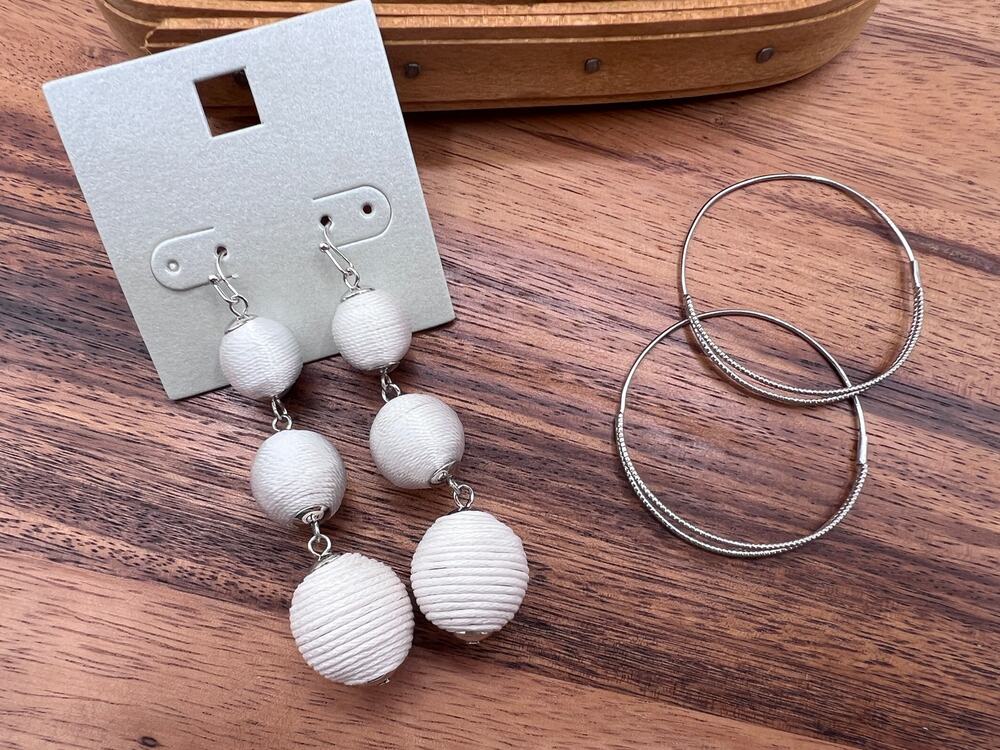 Modern White Ball Drop & Silver Tone Hoop Earrings 2 Pairs NEW!